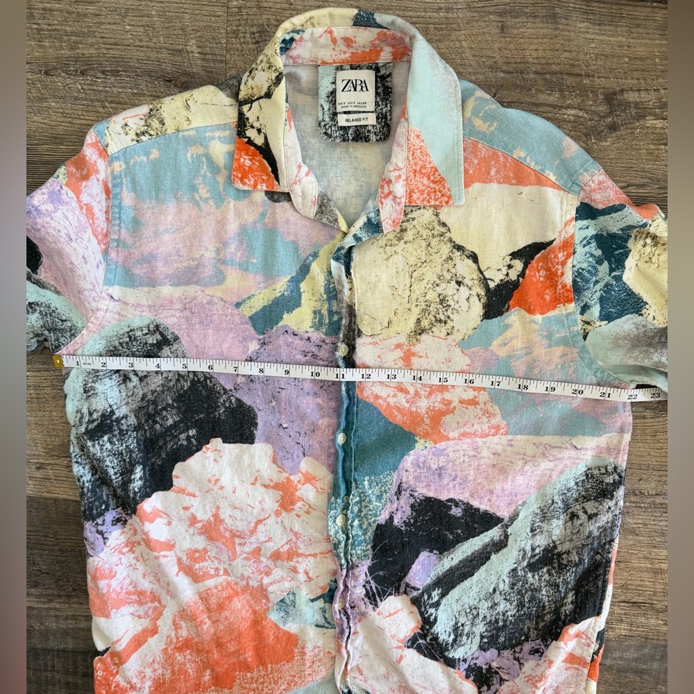 Zara Men’s Small Relaxed Fit Linen Blend Abstract colorful Resort Short Sleeve - Picture 4 of 8